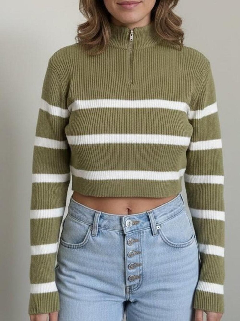 Green & White Striped Cropped Quarter-Zip Sweater | Size L Ribbed Knit